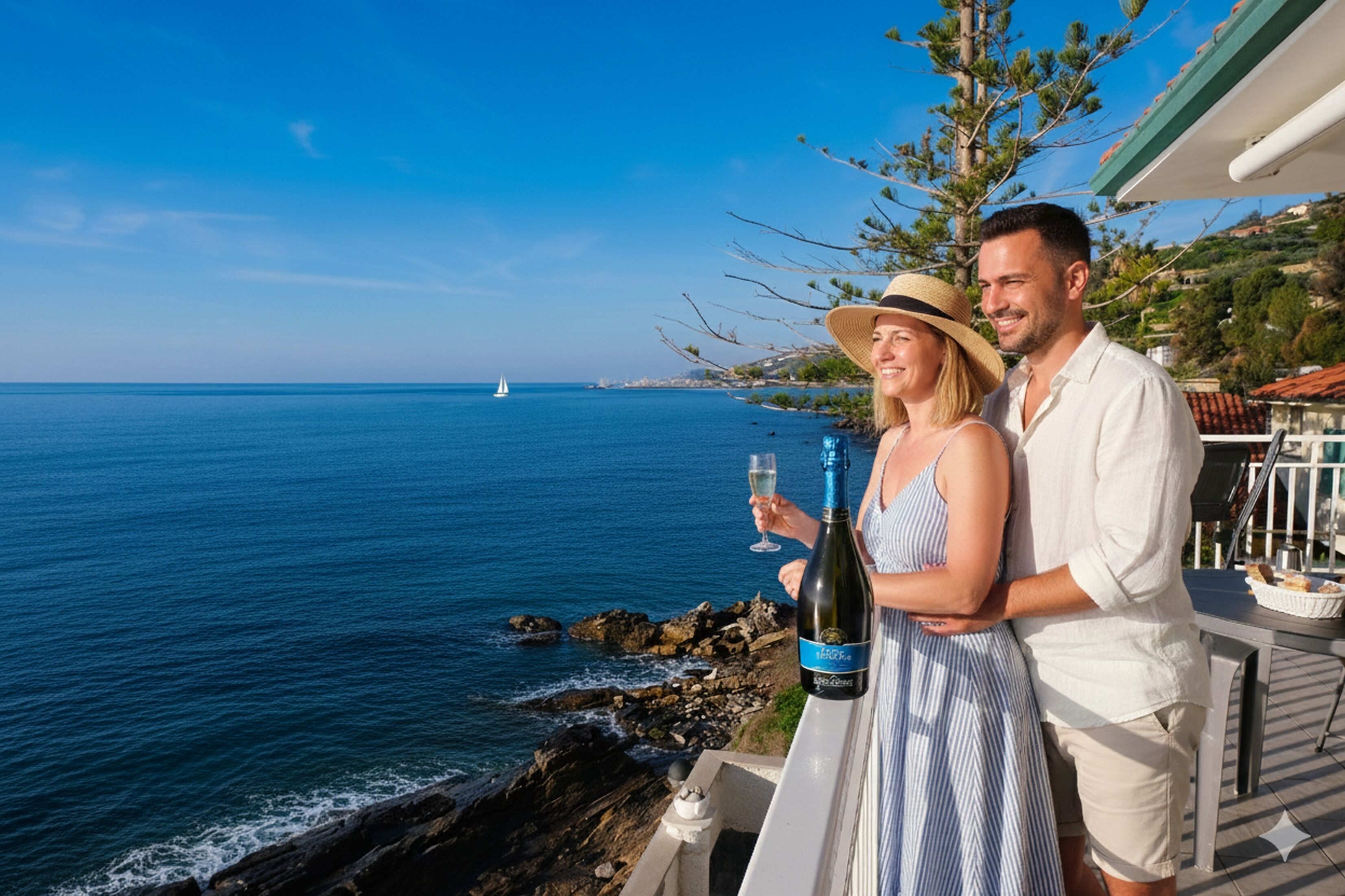 A couple standing by a seaside balcony with a view of the ocean and a sailboat in the distance.