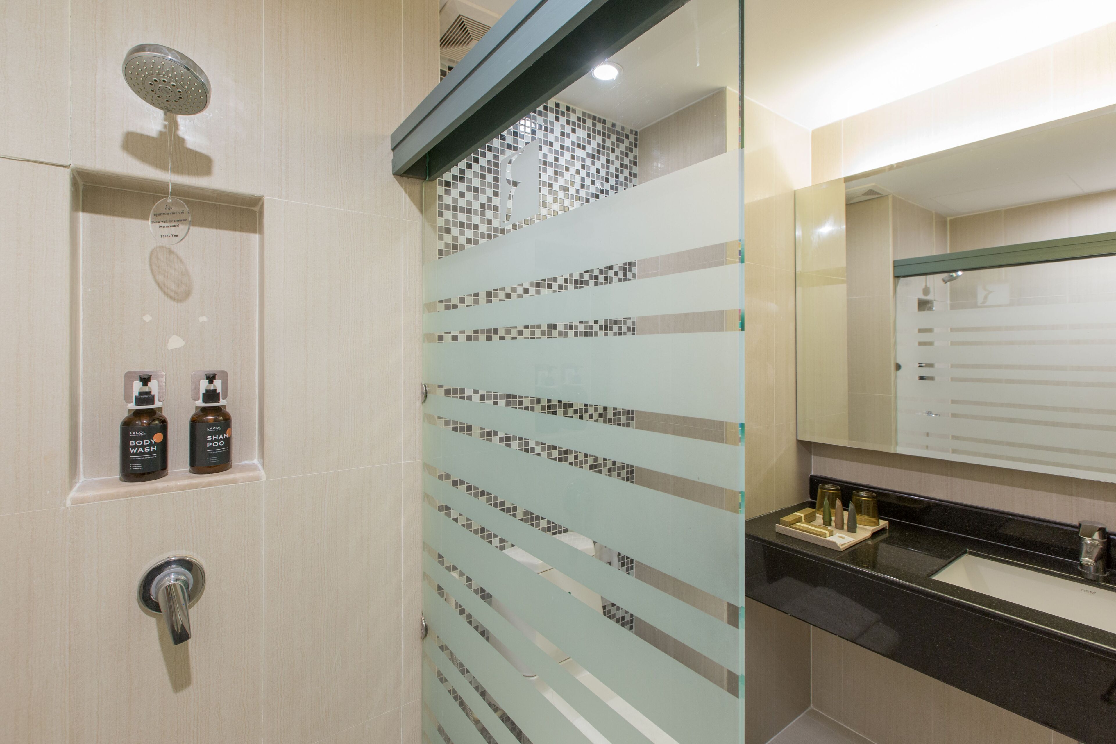 A modern bathroom with a shower, a sink with a mirror, and two bottles of shampoo and conditioner.