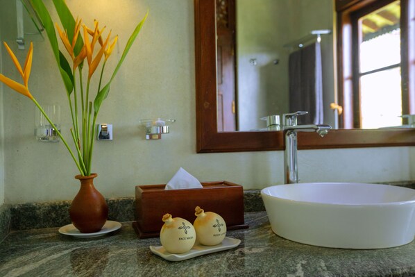 Une salle de bain avec un grand lavabo blanc, un miroir, un vase de fleurs et un porte-savon.