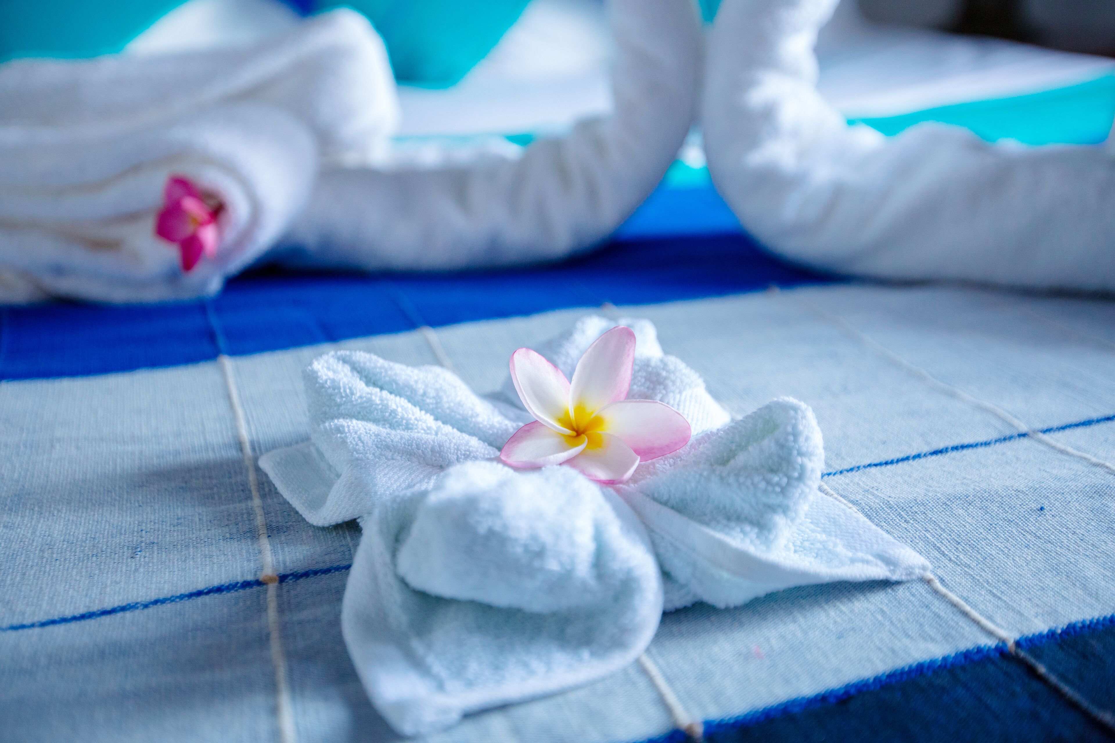 A towel with a flower on a blue and white checkered fabric.