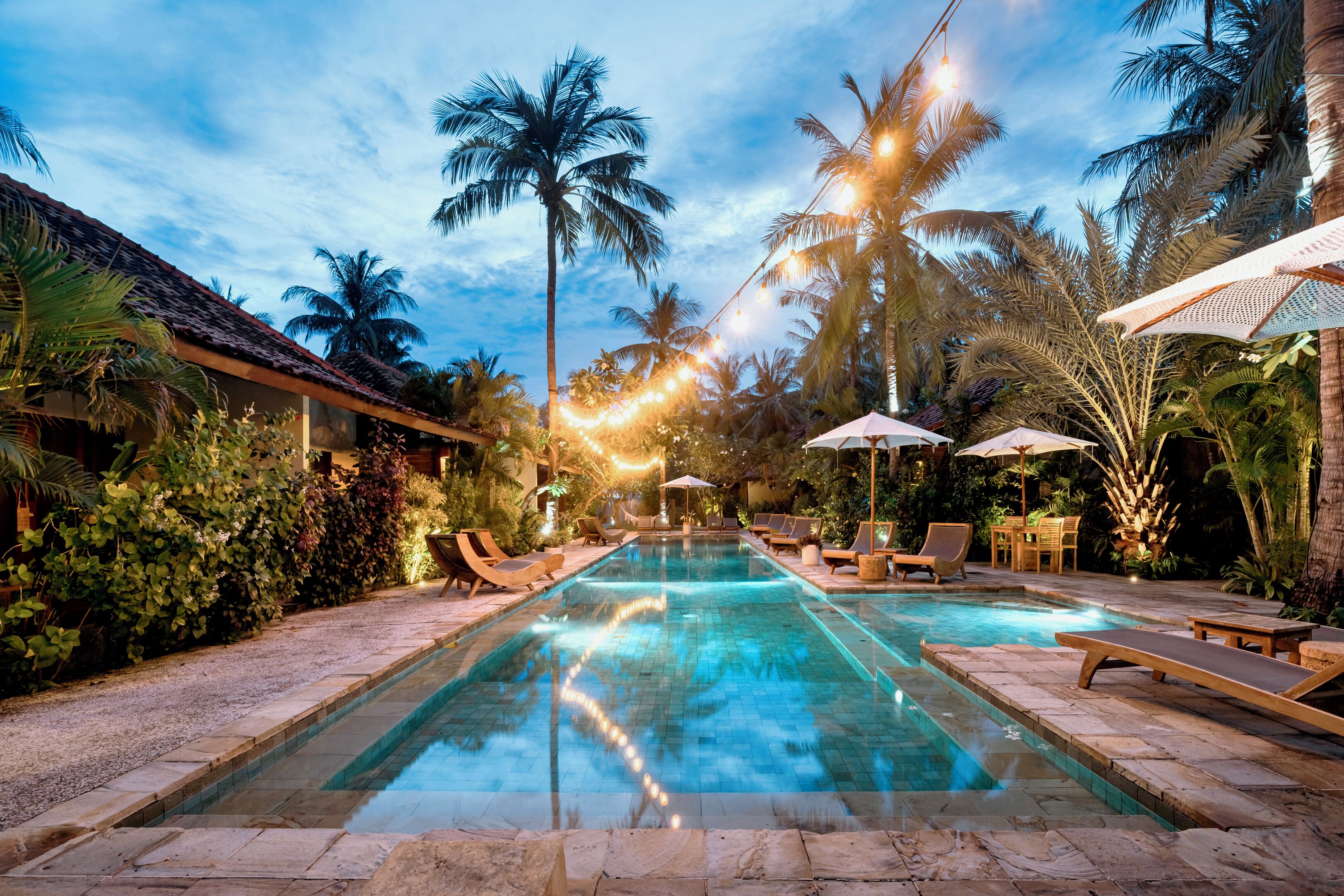 outdoor pool, pool umbrellas, pool loungers