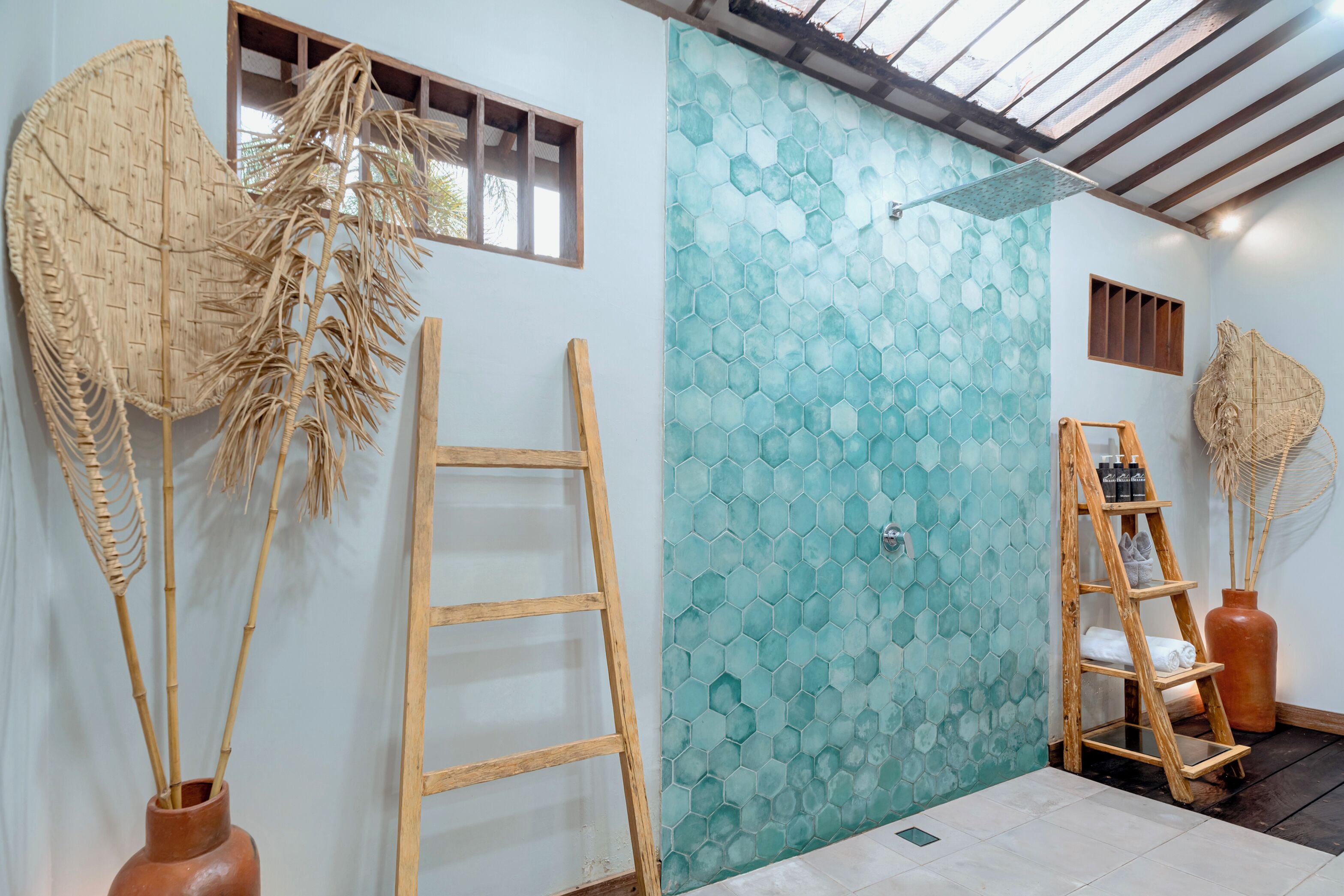 luxury room | bathroom | shower, rainfall showerhead, designer toiletries, hair dryer