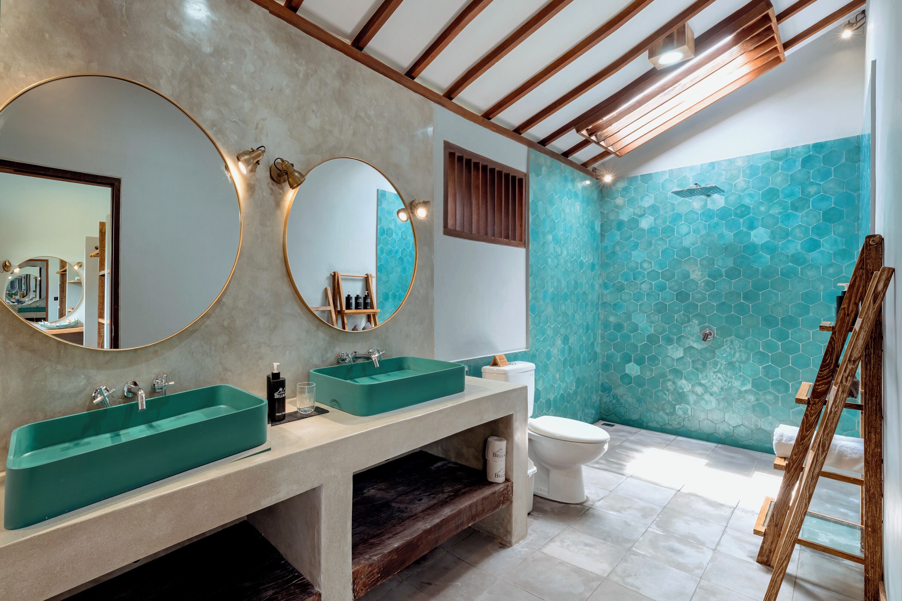 luxury one bedroom villa | bathroom | shower, rainfall showerhead, designer toiletries, hair dryer