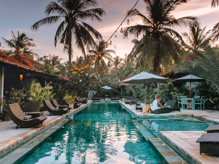 Outdoor pool, pool umbrellas, pool loungers