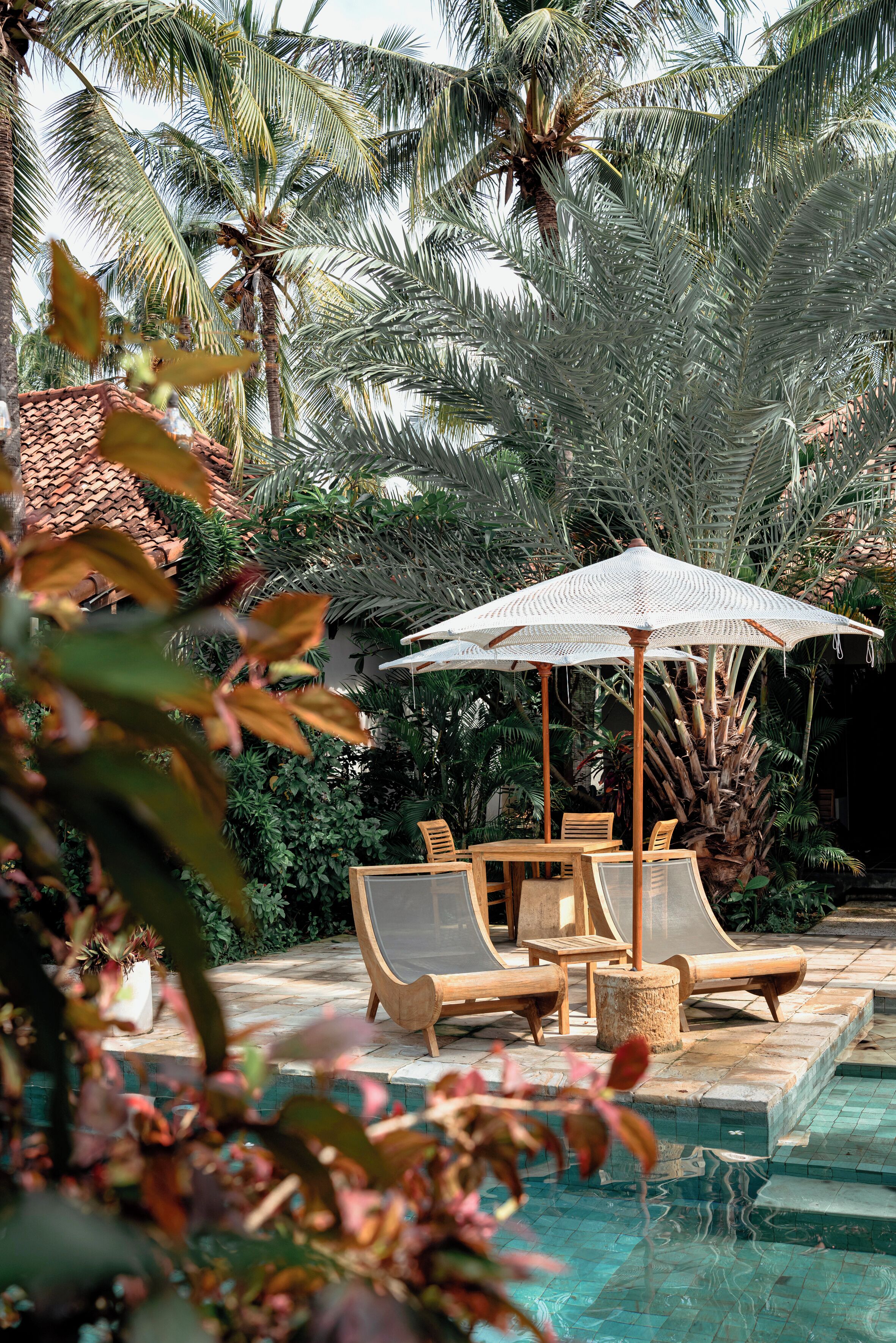 Outdoor pool, pool umbrellas, pool loungers