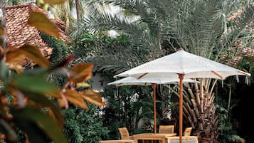 Outdoor pool, pool umbrellas, pool loungers