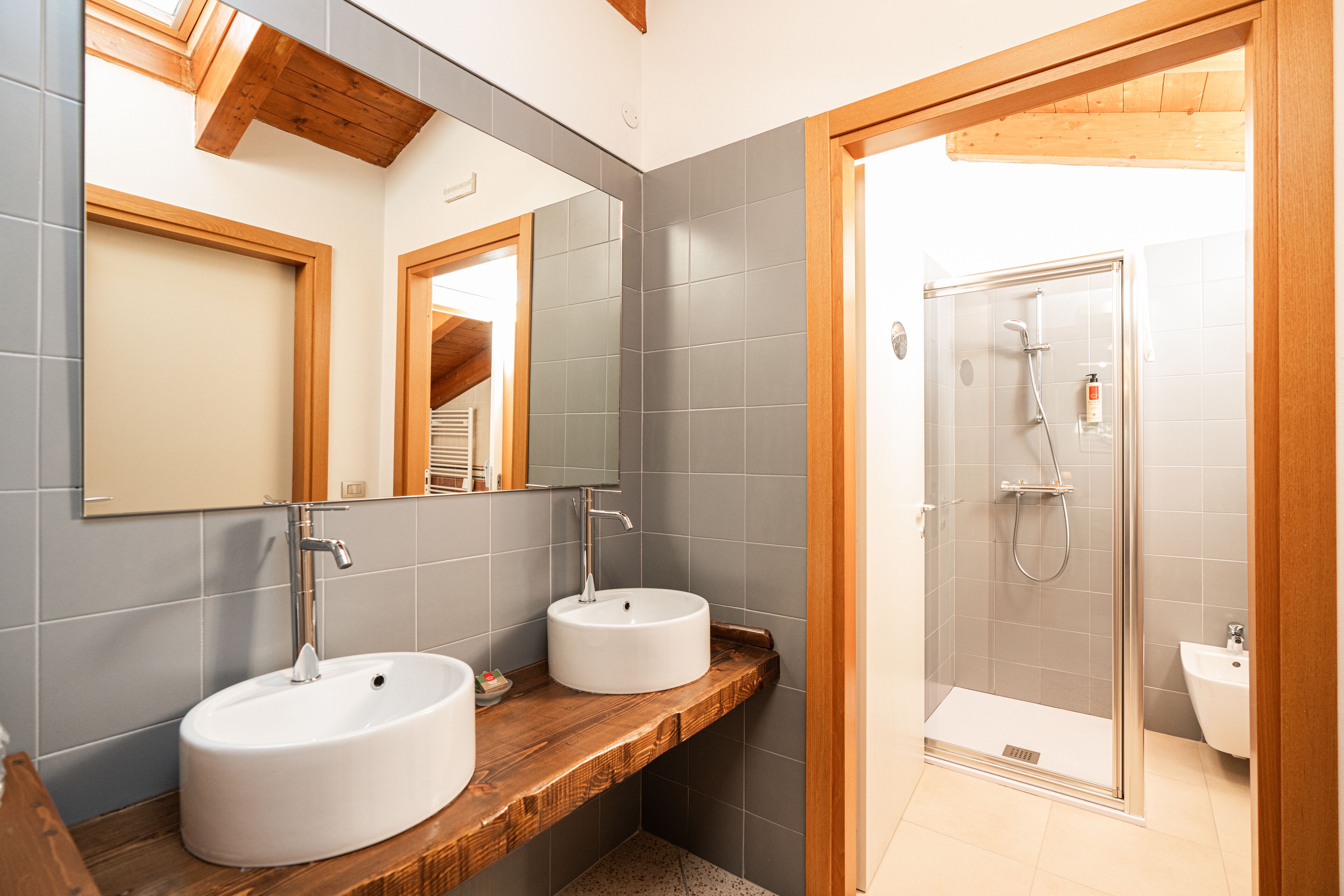 A bathroom with two sinks, a mirror, and a shower area.