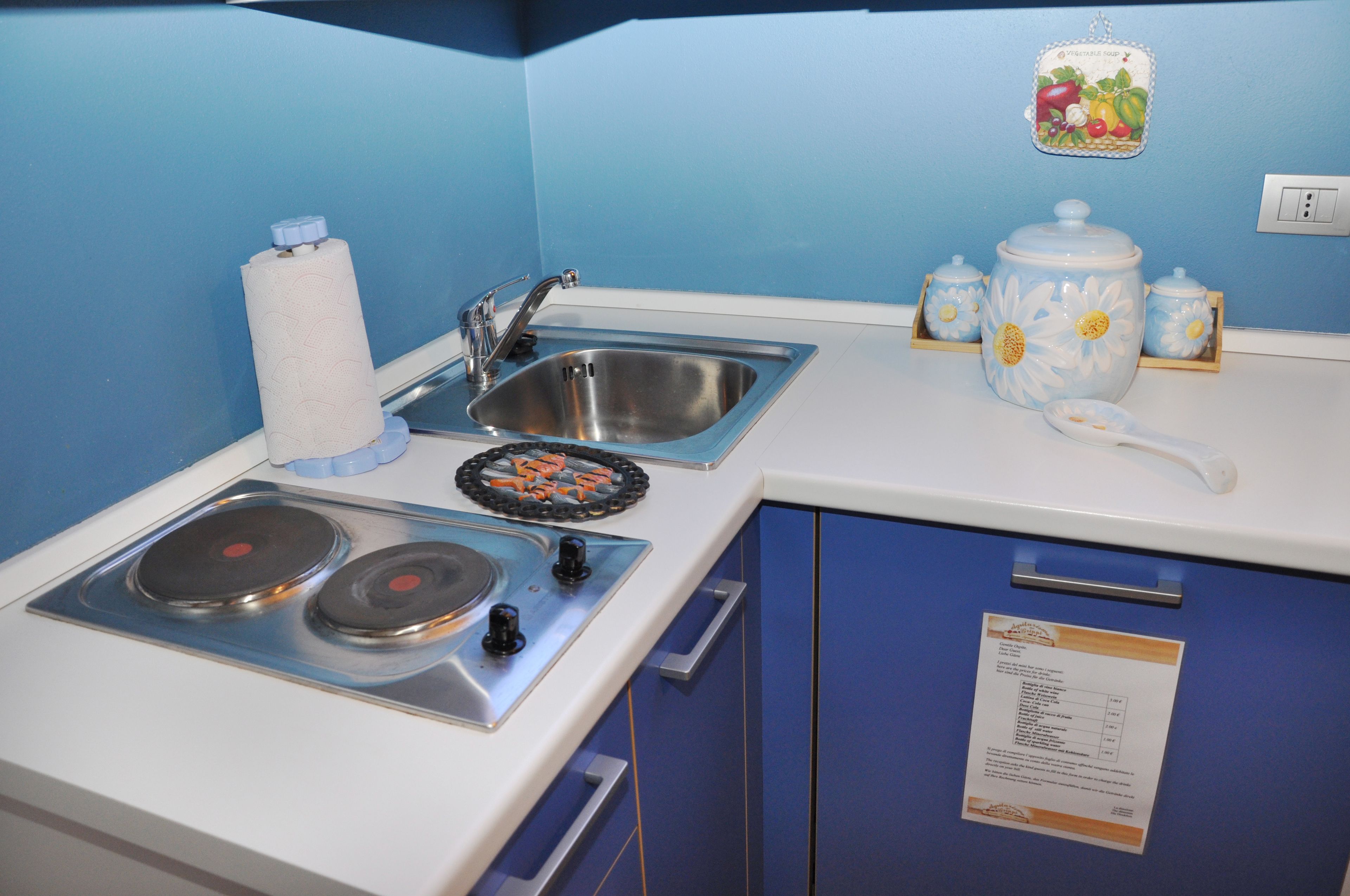 A kitchen with a sink, stove, and cabinets.