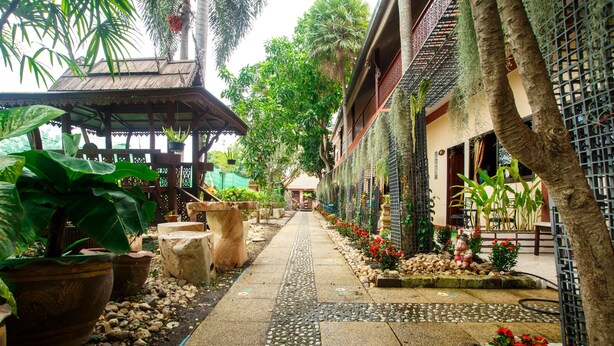 Un sendero bordeado de macetas, un banco de piedra y una pequeña zona de jardín con flores rojas.