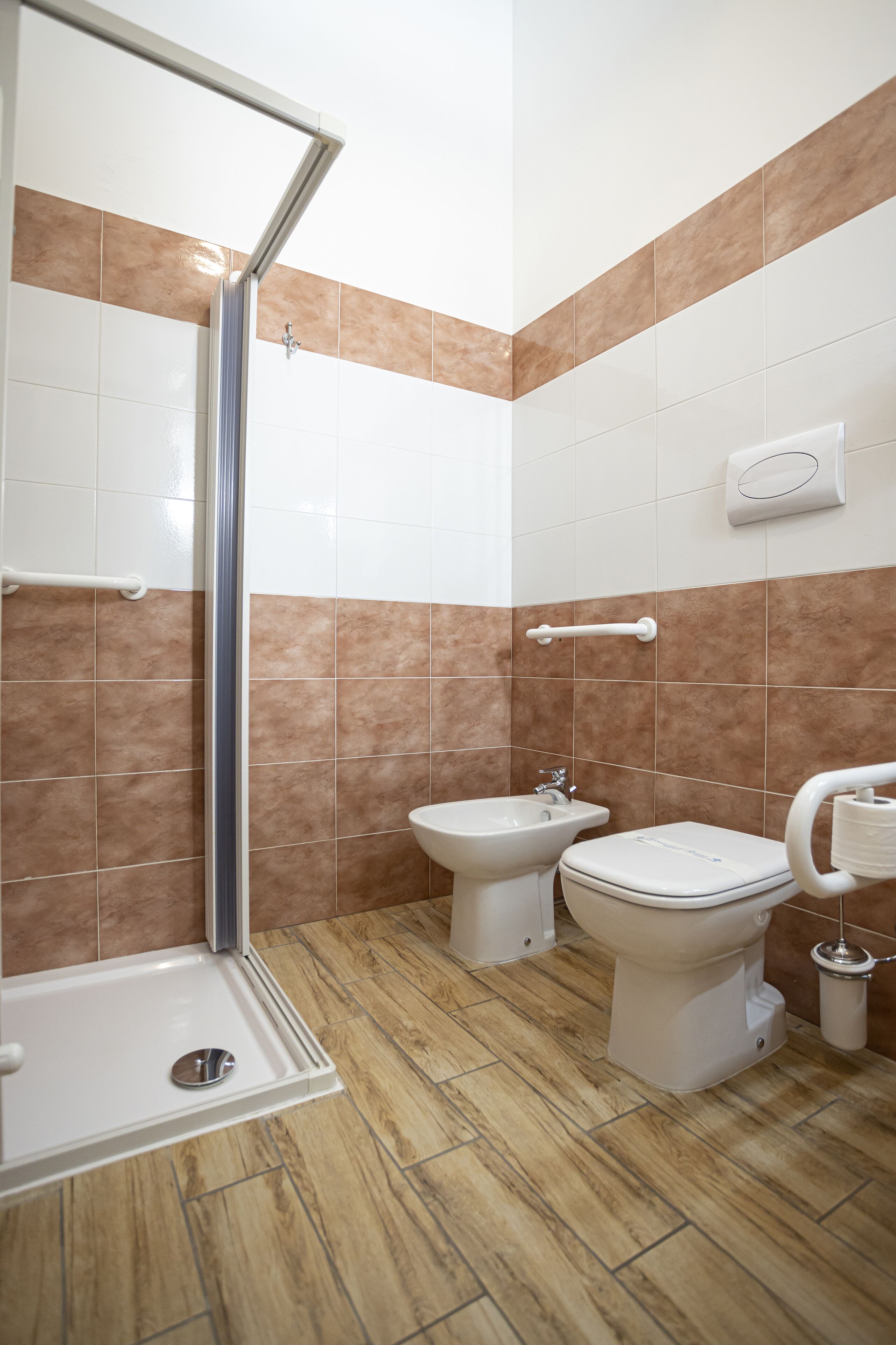Une salle de bain équipée d’une douche, d’un bidet, de toilettes et de barres d’appui.