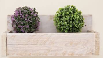 A wooden planter box with two spherical plants, one with purple leaves and the other with green leaves.