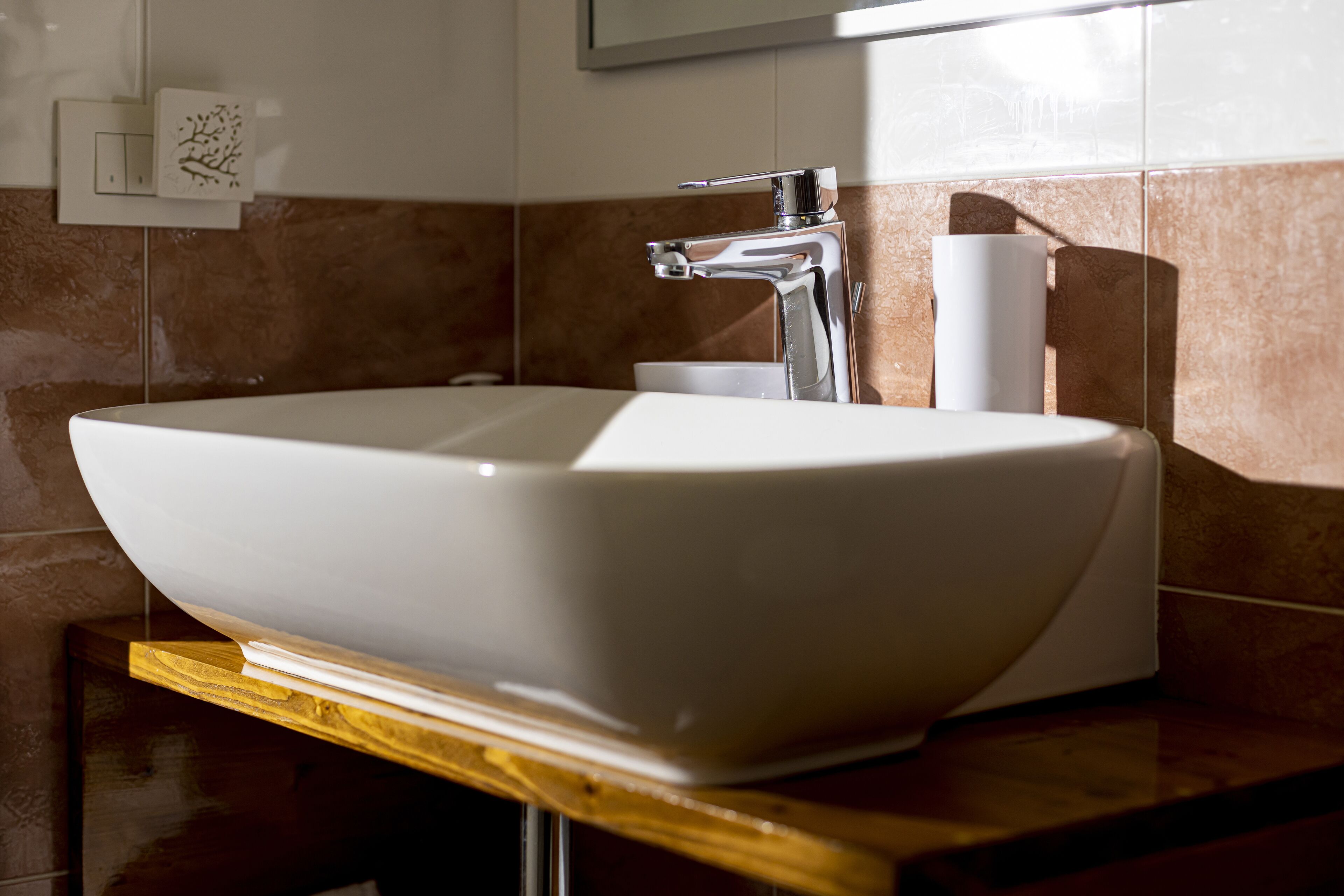 Une salle de bain moderne avec un grand lavabo sur colonne blanc, un robinet chromé et un plan de toilette en bois.