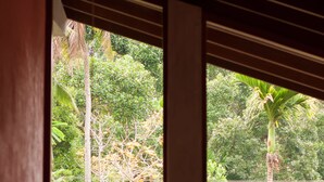 Una habitación con vistas a exuberante vegetación a través de amplios ventanales.