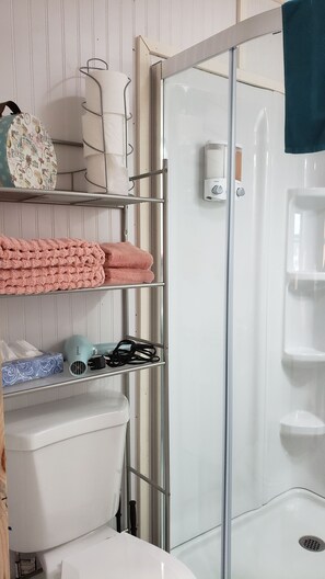 Cabin, 1 Queen Bed with Sofa bed (Mooseberry) | Bathroom | Shower, free toiletries, hair dryer, towels - Mooseberry Cabin, Willow AK (Willow)