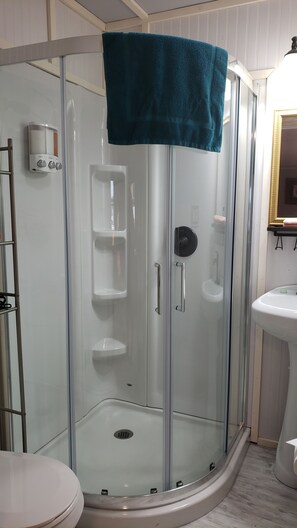 Cabin, 1 Queen Bed with Sofa bed (Mooseberry) | Bathroom | Shower, free toiletries, hair dryer, towels - Mooseberry Cabin, Willow AK (Willow)
