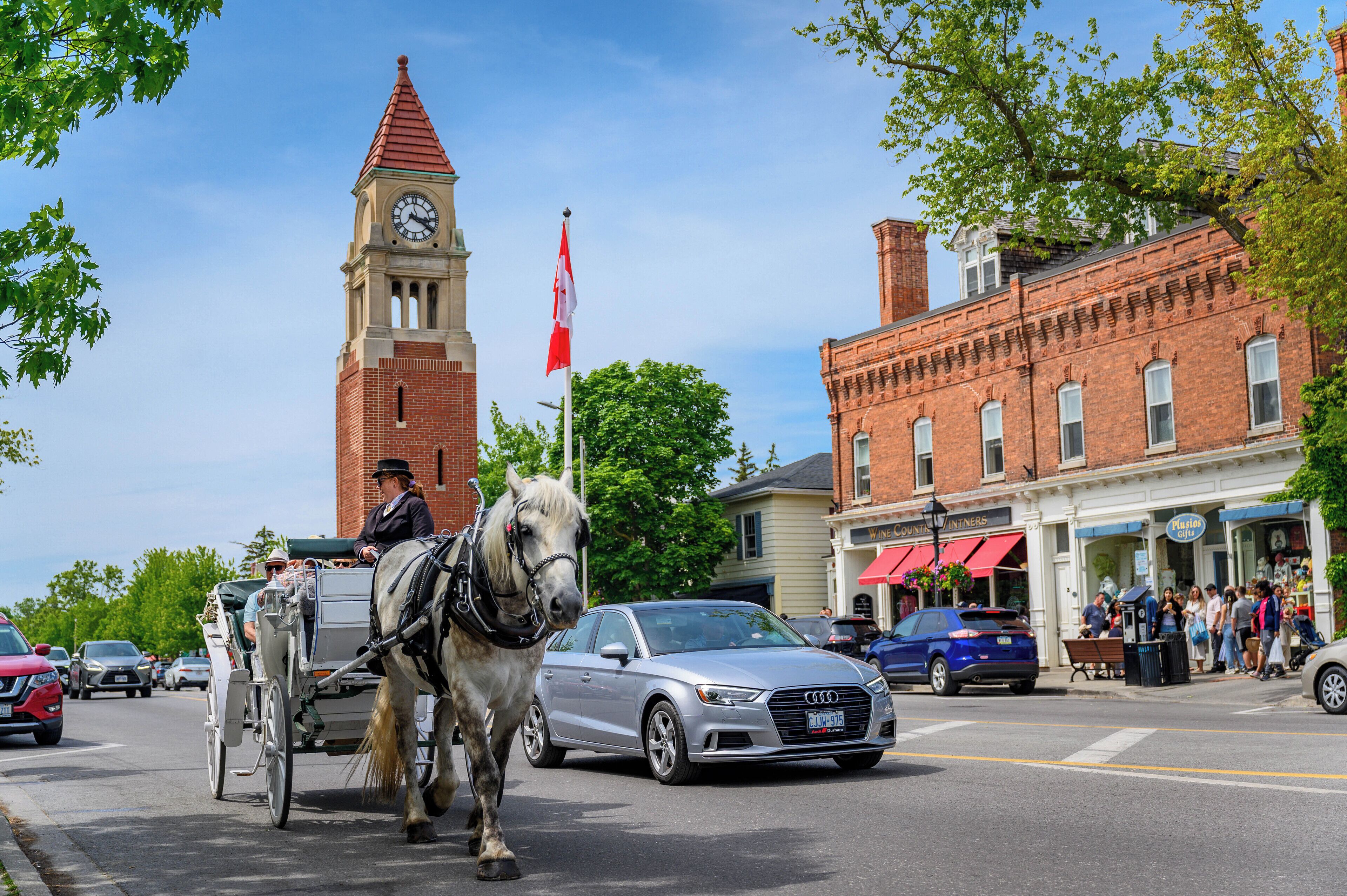 A horse-drawn carriage on a city street with buildings and a clock tower in the background.