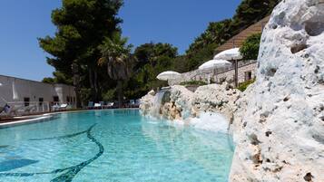 Piscina all'aperto, ombrelloni da piscina, lettini