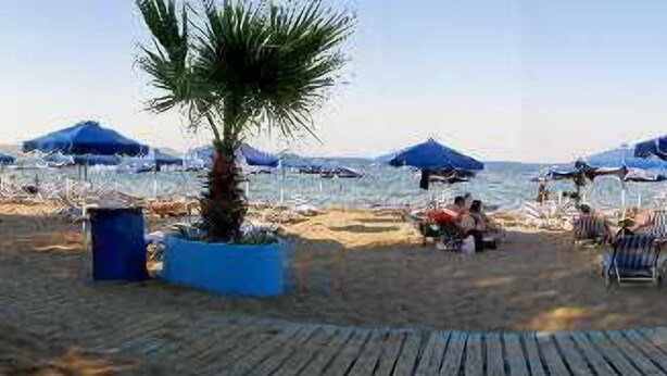 Een strand met parasols, palmbomen en mensen die ontspannen.