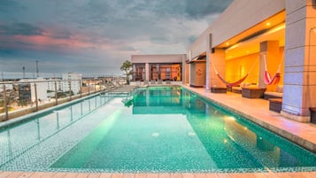 Outdoor pool, open 9:00 AM to 7:30 PM, sun loungers