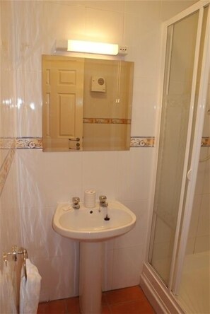 Shower, hair dryer, towels, toilet paper