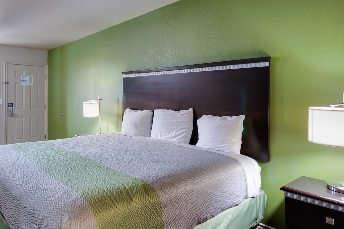 A hotel room with a large bed, green walls, a wooden headboard, and a bedside table with a lamp.