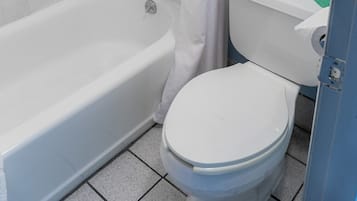 Une salle de bain avec une baignoire, des toilettes et un rideau de douche.