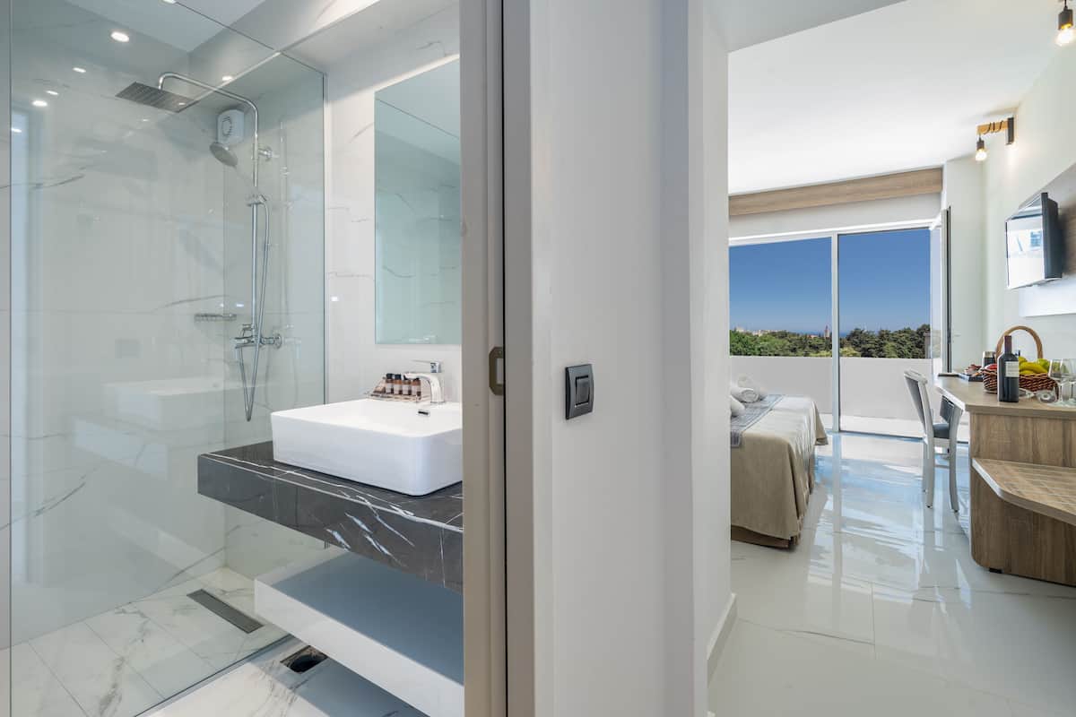 A modern bathroom with a glass shower enclosure, a white sink, and a large mirror.
