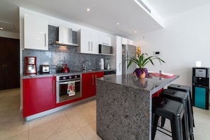 Premier-Apartment, 2 Schlafzimmer, Balkon, Stadtblick | Eigene Küche | Großer Kühlschrank, Mikrowelle, Herdplatte, Toaster