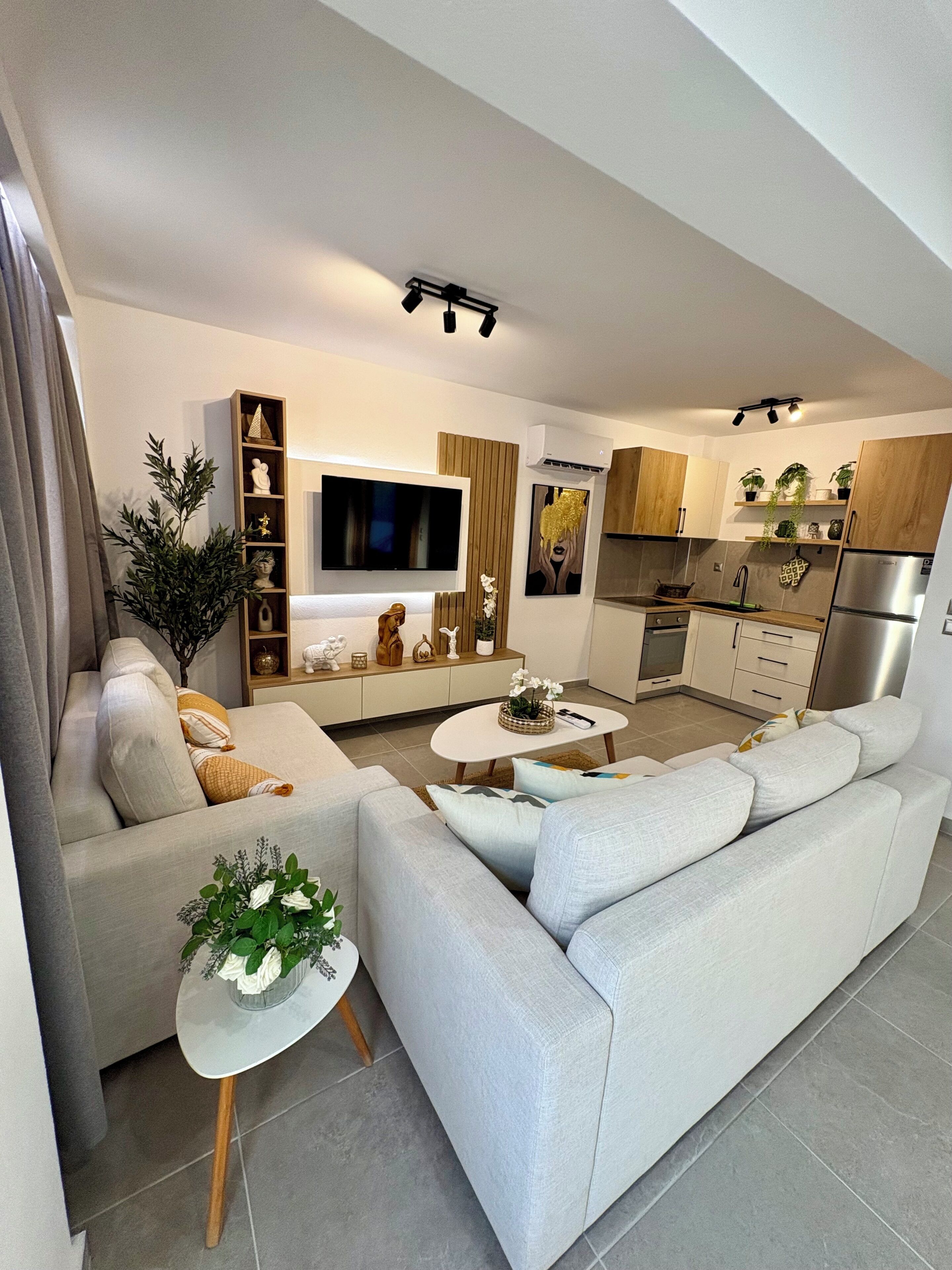 A modern living room with a sofa, coffee table, and a TV. There is a kitchen area with cabinets and appliances.