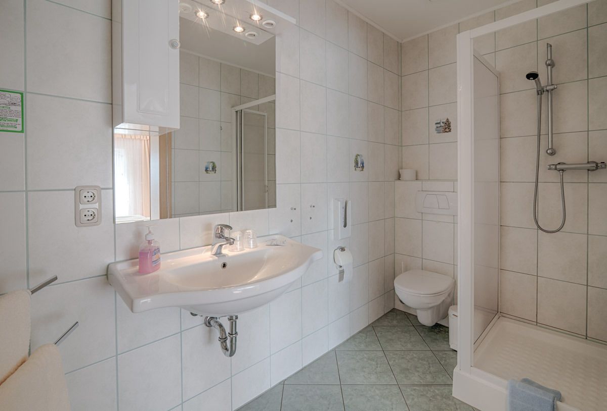 Un baño con lavamanos blanco, espejo, inodoro y zona de ducha.