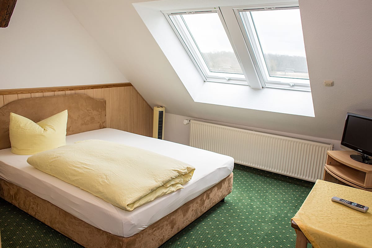 Un dormitorio con una cama, televisión y tragaluz.