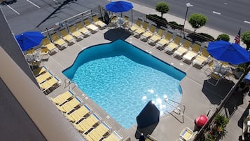 Seasonal outdoor pool, pool umbrellas, pool loungers