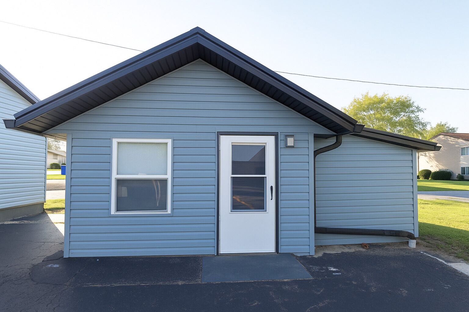 A small, single-story building with a white door and windows, a dark roof, and a gray siding exterior.