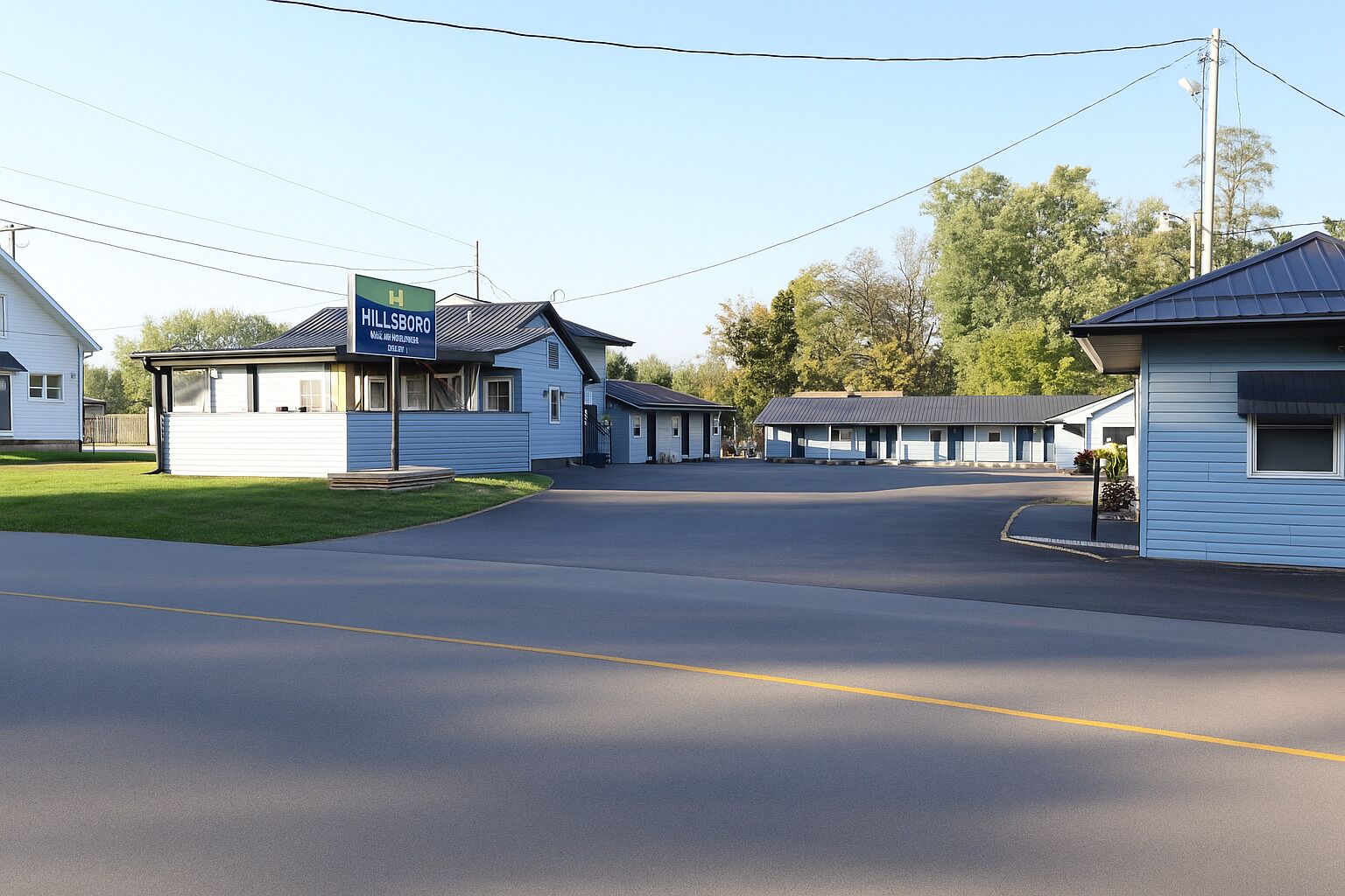 Un motel con un letrero que dice 'HILLSBORO' y 'Motel con Aire Acondicionado'.