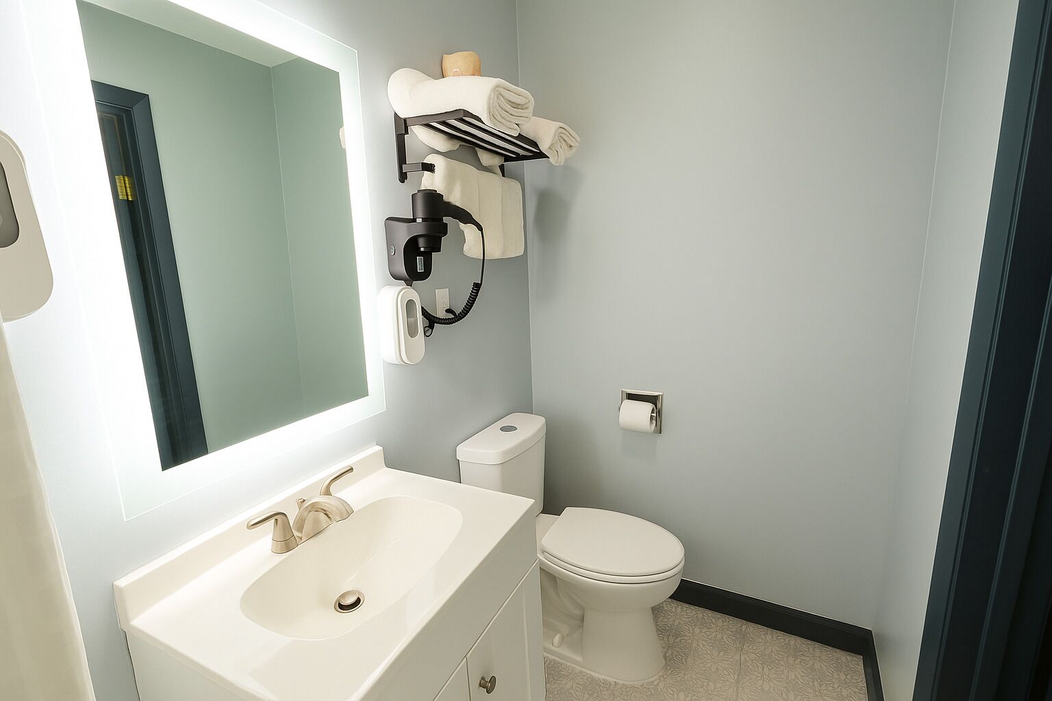 A bathroom with a white sink, a toilet, a towel rack, and a mirror.