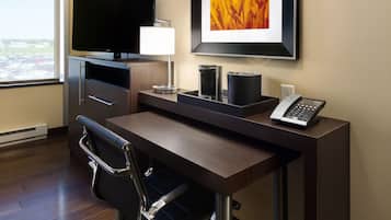 Desk, laptop workspace, blackout curtains, soundproofing