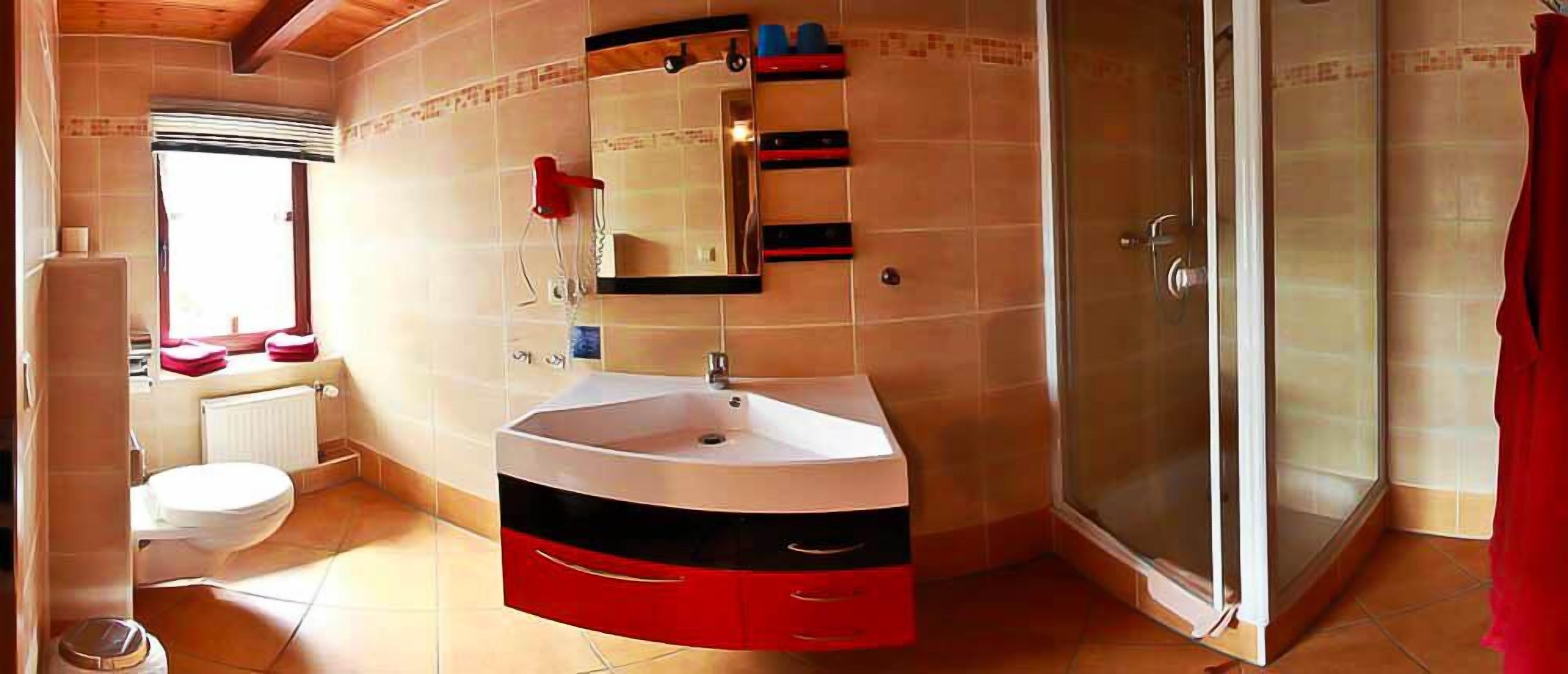 A bathroom with a sink, mirror, and shower.