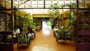 A corridor with chairs and tables, surrounded by lush green plants. - Hotel Boyeros (Liberia)