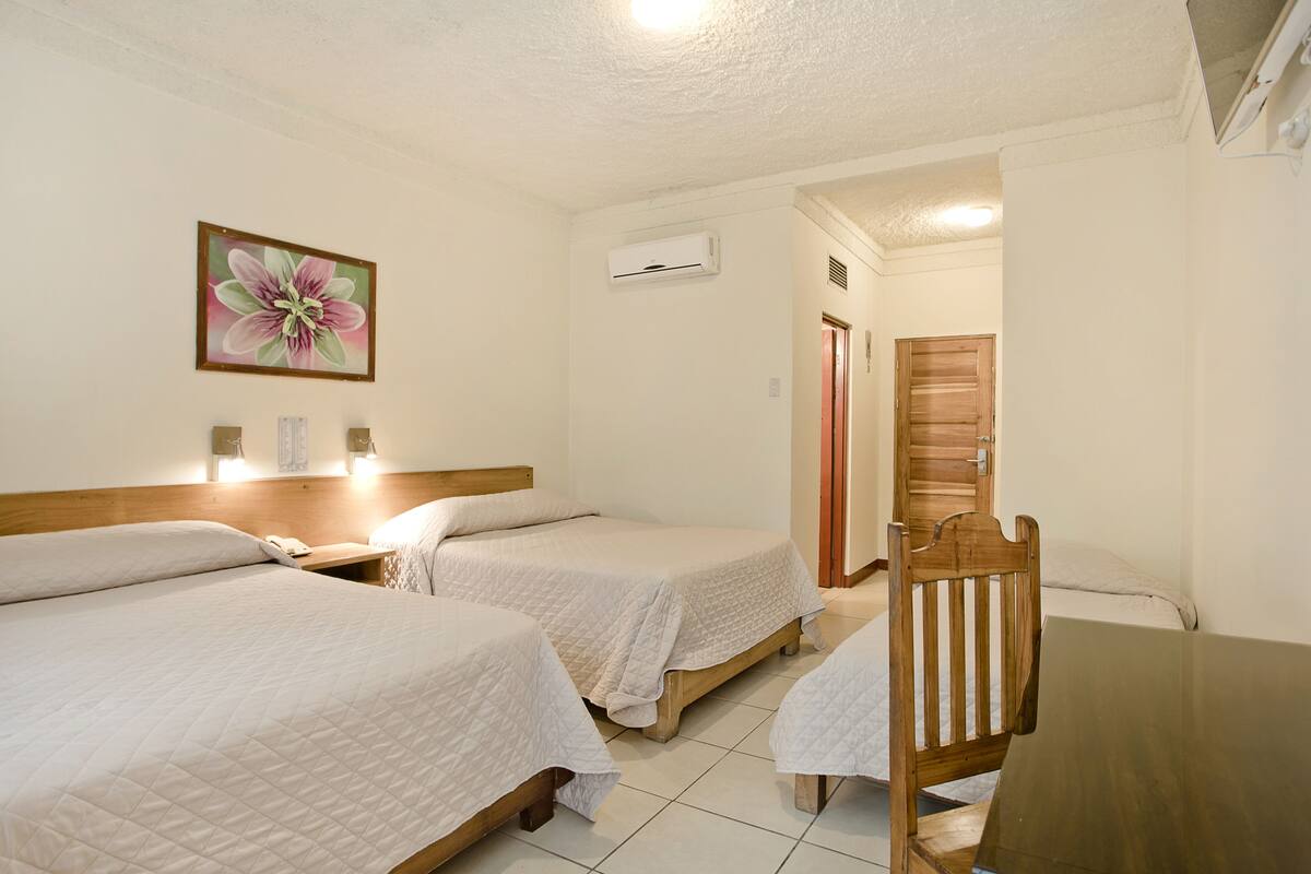 Une chambre d’hôtel avec deux lits simples, une table en bois, une chaise, un tableau au mur et un appareil de climatisation.
