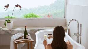 A woman in a bathtub with a bottle of wine and a glass, a small table with a towel, and a potted plant by the window.