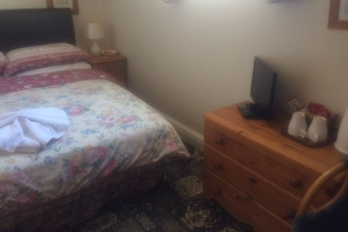 A bedroom with a bed, a wooden dresser, a television, and a nightstand with a lamp.