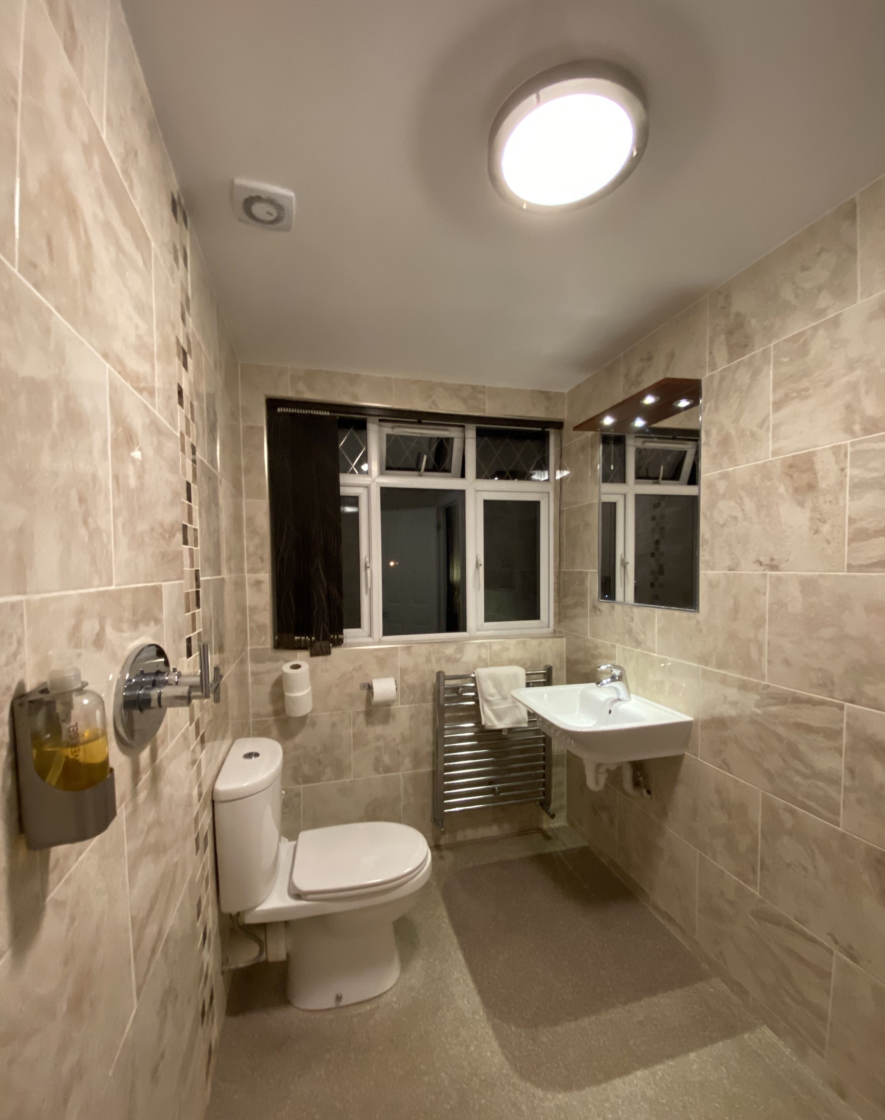 A bathroom with a toilet, sink, and window.