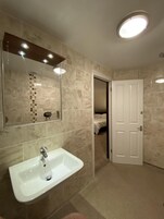 Ducha, cabezal de ducha tipo lluvia, secador de pelo, toallas