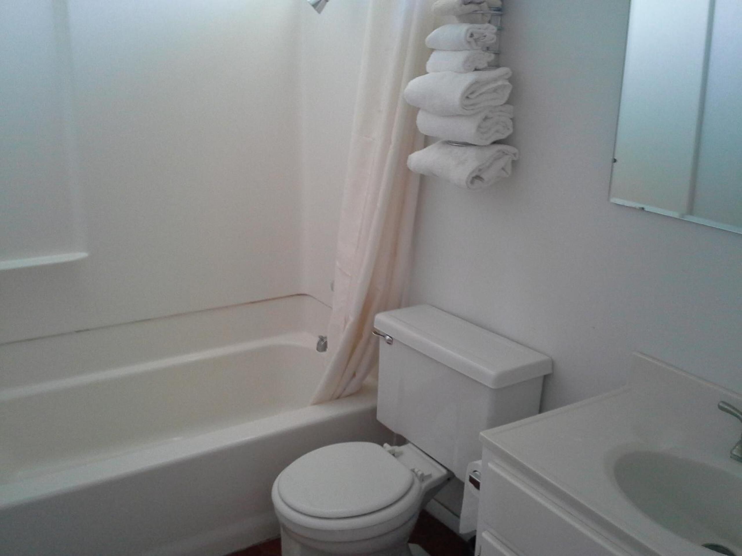 Combined shower/tub, free toiletries, towels