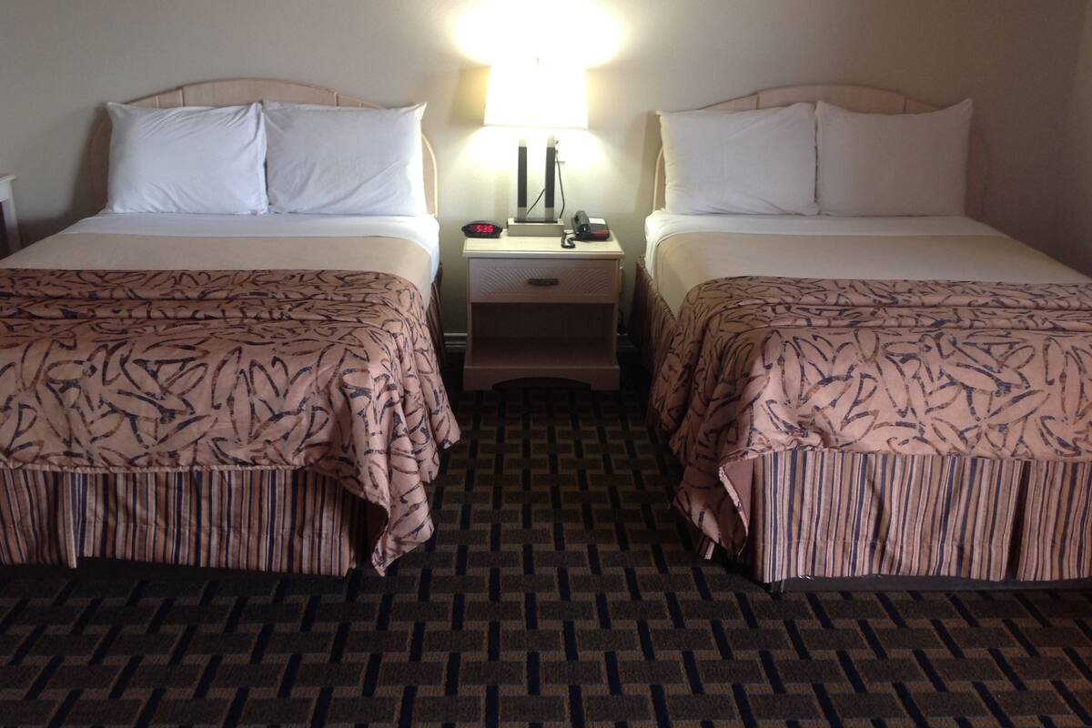 Quarto de hotel com duas camas, cada uma com cabeceira, mesa de cabeceira com luminária e relógio. O chão possui um tapete estampado.