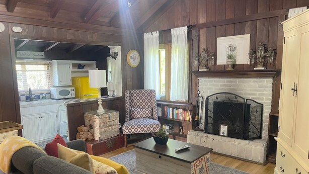 Un salon chaleureux avec une cheminée, un canapé avec des coussins, une table basse et une bibliothèque.