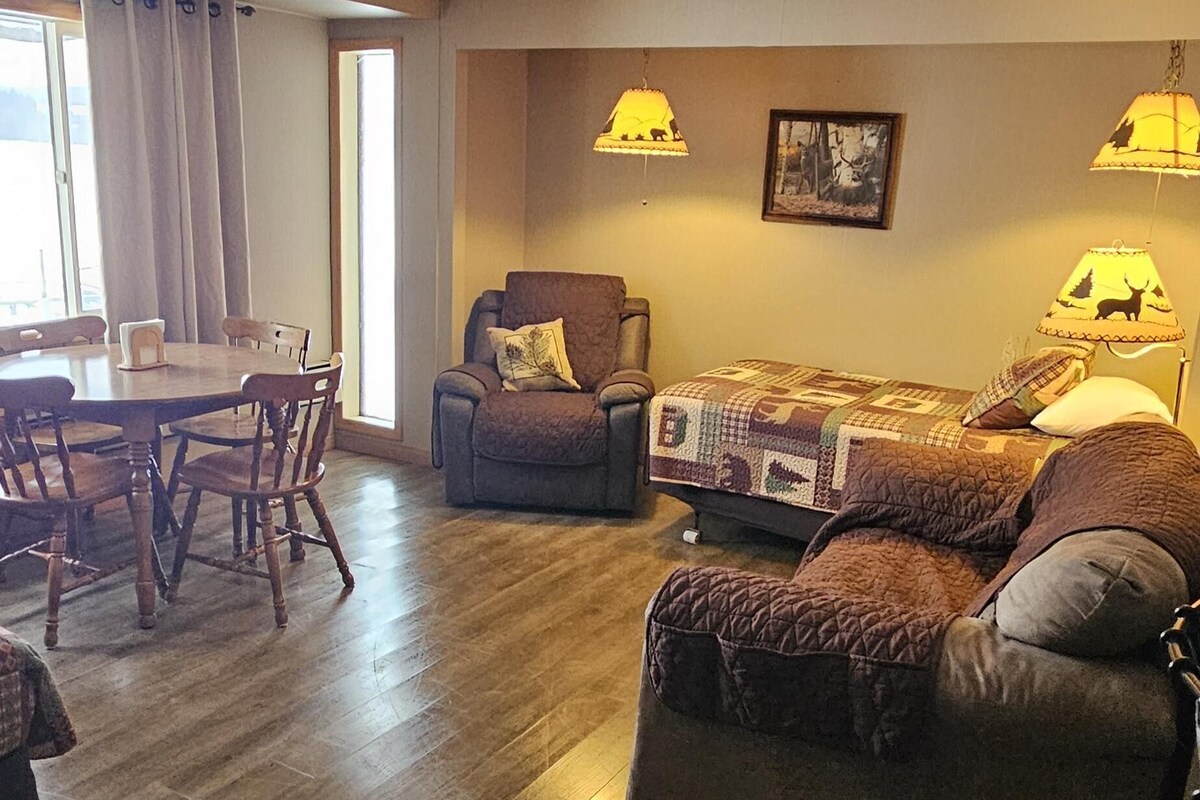 Een kamer met een houten vloer, een bank, een stoel, een eettafel met stoelen en twee lampen.