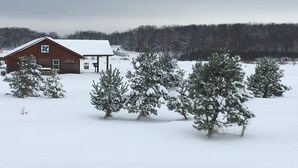 Una baita di legno con tetto imbiancato dalla neve e un portico, circondata da alberi carichi di neve.