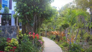 A garden pathway leading to a building with a stone wall and lush greenery.