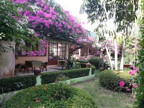 A garden with a patio area, a conservatory, and a variety of plants and flowers. - Ekman Garden Resort Nakhon Si Thammarat (Sichon)